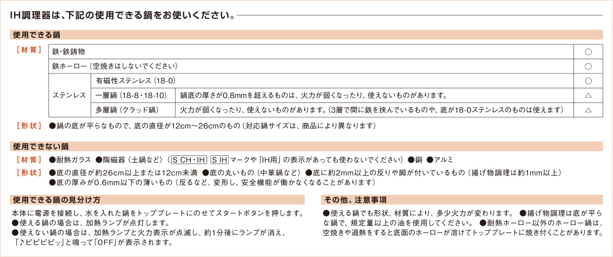 IH調理器は、下記の使用できる鍋をお使いください。