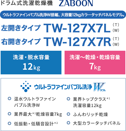 TW-127X7L/R｜洗濯機・洗濯乾燥機｜ZABOON-東芝ライフスタイル