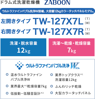 ウルトラファインバブル洗浄W搭載、大容量12kgカラータッチパネルモデル。TW-127X7L TW-127X7R　温水ウルトラファインバブル洗浄W 業界トップクラス*1洗濯容量12kg 業界最大*1乾燥容量7kg ふんわリッチ乾燥 低振動・低騒音設計*2 大型カラータッチパネル