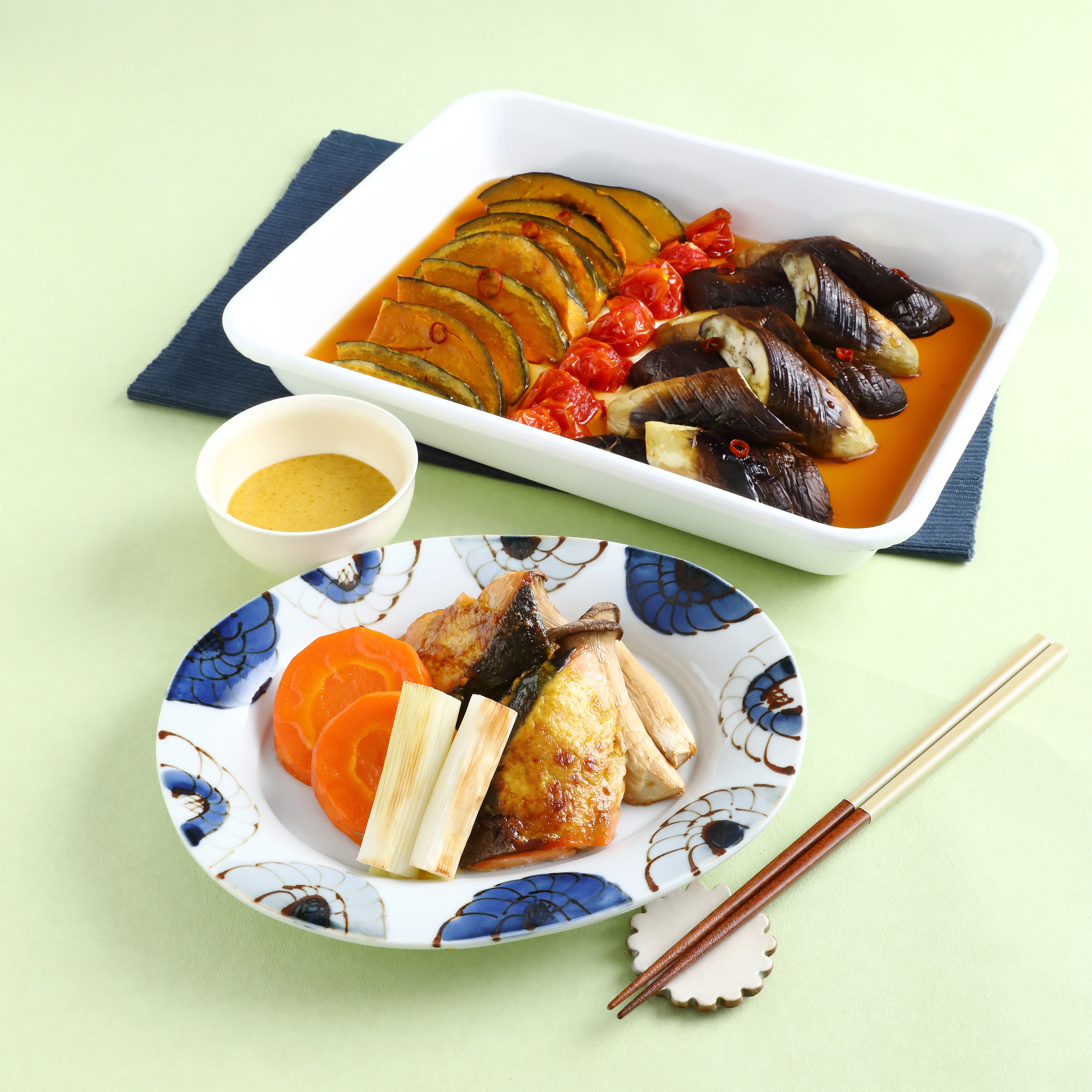 鮭と野菜のカレーマヨ焼き・かぼちゃとなすの南蛮漬け（サムネ）