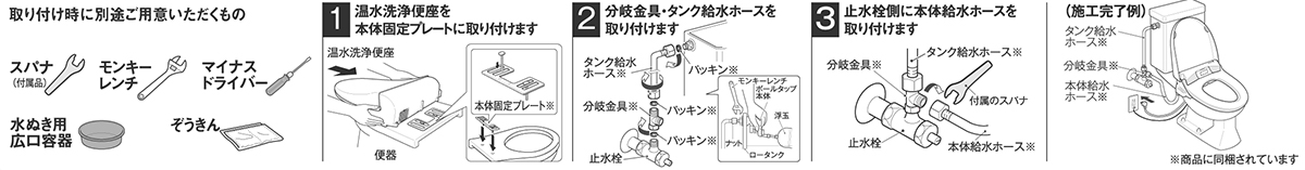 取り付け時に別途ご用意いただくもの。スパナ、モンキーレンチ、マイナスドライバー、水ぬき用広口容器、ぞうきん。1湯水洗浄便座を本体固定プレートに取り付けます。2分岐金具・タンク給水ホースを取り付けます。3止水栓側に本体給水ホースを取り付けます。