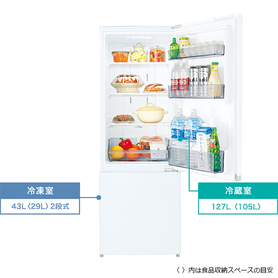 冷凍室43L〈29L〉2段式、冷蔵室127L〈105L〉