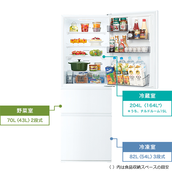 冷蔵室204L〈164L*〉*うち、チルドルーム15L 野菜室70L〈43L〉2段式 冷凍室82L〈54L〉3段式