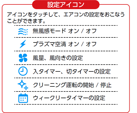 設定アイコン　アイコンをタッチして、エアコンの設定をおこなうことができます。　無風感モード オン/オフ　プラズマ空清 オン/オフ　風量、風向きの設定　入タイマー、切タイマーの設定　クリーニング運転の開始/停止　ウィークリータイマーの設定