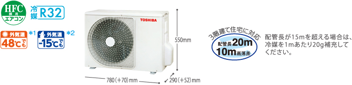 高さ550mm×幅780(+70)mm×奥行290(+52)mm　HFC使用エアコン 冷媒R32 外気温48℃でも*1 外気温-15℃でも*2　3階建て住宅に対応 配管長20m 10m高落差 配管長が15mを超える場合は、冷媒を1mあたり20g補充してください。