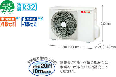 高さ550mm×幅780(+70)mm×奥行290(+52)mm　HFC使用エアコン 冷媒R32 外気温48℃でも*1 外気温-15℃でも*2　3階建て住宅に対応 配管長20m 10m高落差 配管長が15mを超える場合は、冷媒を1mあたり20g補充してください。