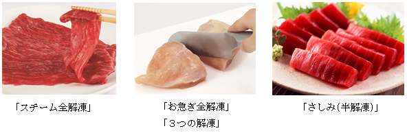 「3つの解凍」(「スチーム全解凍」、「お急ぎ全解凍」、「さしみ(半解凍)」)