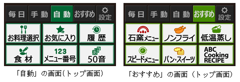 「自動」の画面(トップ画面)、「おすすめ」の画面（トップ画面）