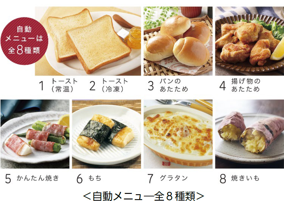 自動メニュー全8種類。1.トースト（常温）2.トースト（冷凍）3.パンのあたため 4.揚げ物のあたため 5.かんたん焼き 6.もち 7.グラタン 8.焼きいも