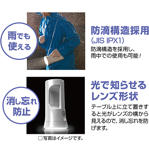 雨でも使える 防滴構造採用!(JIS IPX1) 防滴構造を採用し、雨中での使用も可能!消し忘れ防止 光で知らせるレンズ形状 光で知らせるレンズ形状 テーブル上に立て置きすると光がレンズの横から見えるので、消し忘れを防げます。