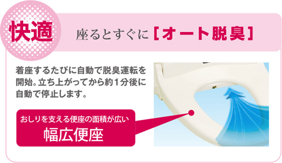 快適、座るとすぐに、オート脱臭。着座するたびに自動で脱臭運転を開始。立ち上がってから約1分後に自動で停止します。おしりを支える便座の面積が広い、幅広便座。