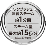 ワンプッシュ連続スチーム約1分間　スチーム量最大約15g/分（高温設定時）