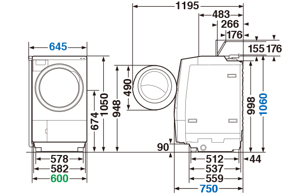 寸法・仕様 | TW-127X9L/TW-127X9R | 洗濯機・洗濯乾燥機 | 東芝ライフ 