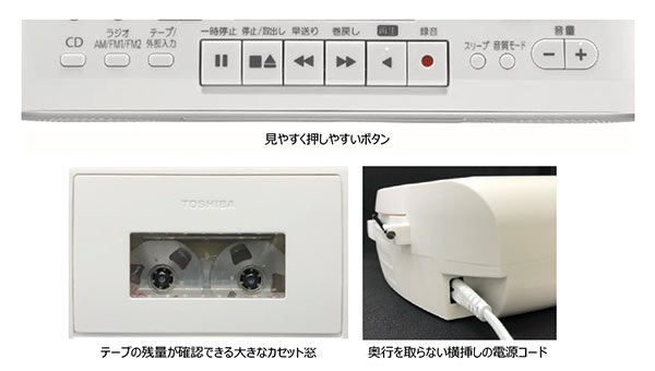 見やすく押しやすいボタン　テープの残量が確認できる大きなカセット窓　奥行きを取らない横挿しの電源コード