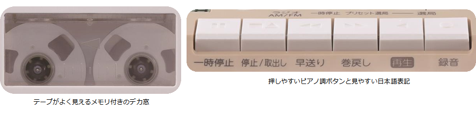テープがよく見えるメモリ付きのデカ窓　押しやすいピアノ調ボタンと見やすい日本語表記