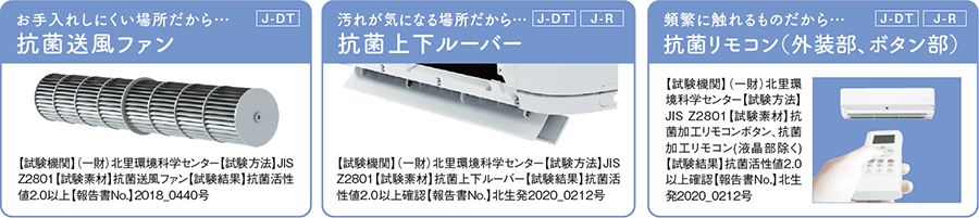 お手入れしにくい場所だから抗菌送風ファン J-DT搭載 【試験機関】（一財）北里環境科学センター【試験方法】JISZ2801【試験素材】抗菌送風ファン【試験結果】抗菌活性値2.0以上【報告書No.】2018_0440号 汚れが気になる場所だから抗菌上下ルーバーJ-DT,J-R搭載 【試験機関】（一財）北里環境科学センター【試験方法】JISZ2801【試験素材】抗菌上下ルーバー【試験結果】抗菌活性値2.0以上確認【報告書No.】北生発2020_0212号 頻繁に触れるものだから抗菌リモコン（外装部、ボタン部） J-DT,J-R搭載 【試験機関】（一財）北里環境科学センター【試験方法】JISZ2801【試験素材】抗菌加工リモコンボタン、抗菌加工リモコン(液晶部除く)【試験結果】抗菌活性値2.0以上確認【報告書No.】北生発2020_0212号