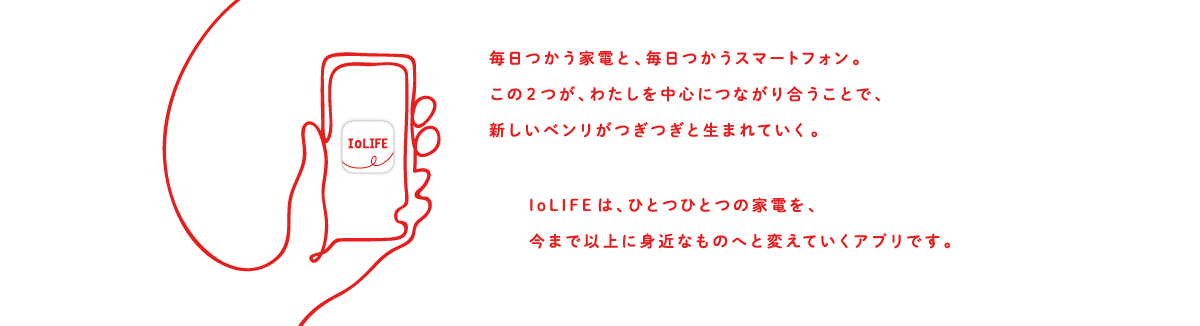 毎日つかう家電と、毎日つかうスマートフォン。この2つが、わたしを中心につながり合うことで、新しいベンリがつぎつぎと生まれていく。IoLIFEは、ひとつひとつの家電を、今まで以上に身近なものへと変えていくアプリです。