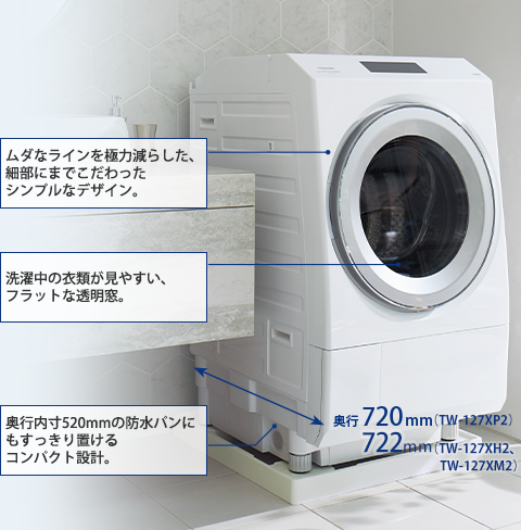 POINT ムダなラインを極力減らした、細部にまでこだわったシンプルなデザイン。　洗濯中の衣類が見やすい、フラットな透明窓。　奥行内寸520mmの防水パンにもすっきり置けるコンパクト設計。