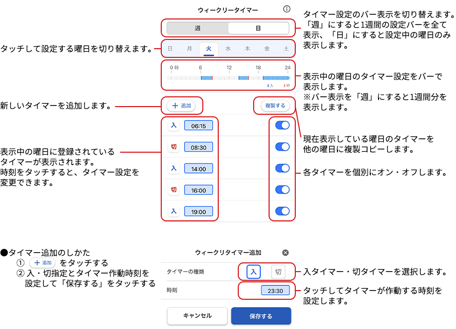 タッチして設定する曜日を切り替えます。 新しいタイマーを追加します。 表示中の曜日に登録されているタイマーが表示されます。時刻をタッチすると、タイマー設定を変更できます。 タイマー設定のバー表示を切り替えます。「週」にすると1週間の設定バーを全て表示、「日」にすると設定中の曜日のみ表示します。 表示中の曜日のタイマー設定をバーで表示します。※バー表示を「週」にすると1週間分を表示します。 現在表示している曜日のタイマーを他の曜日に複製コピーします。 各タイマーを個別にオン・オフします。