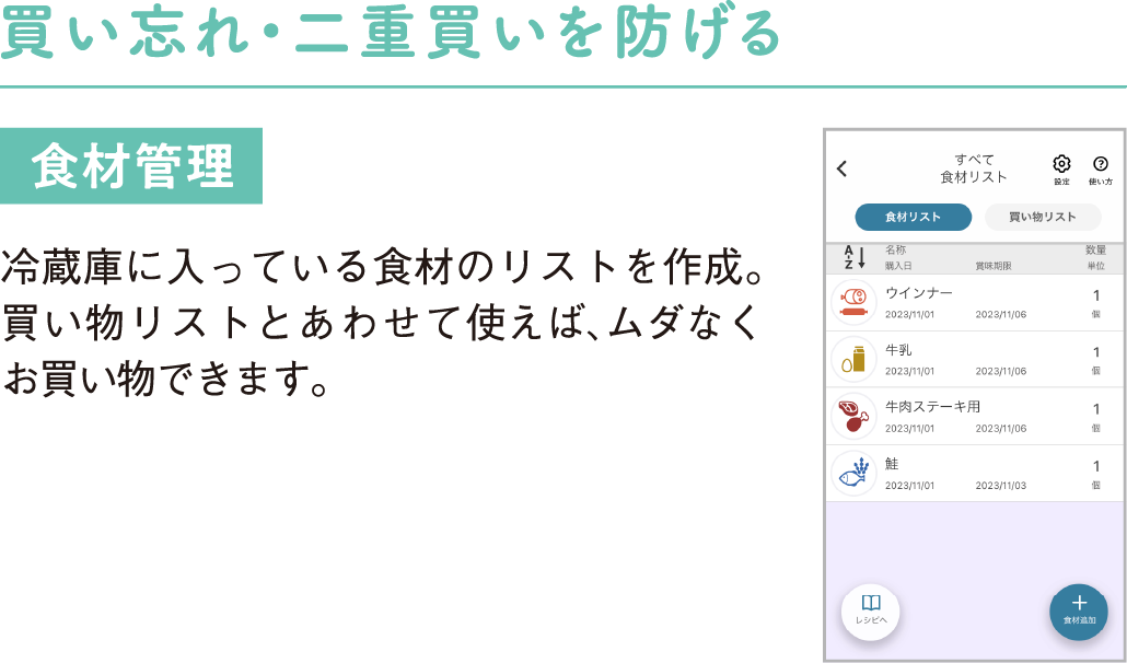 買い忘れ・二重買いを防げる 食材管理 冷蔵庫に入っている食材のリストを作成。買い物リストとあわせて使えば、ムダなくお買い物できます。