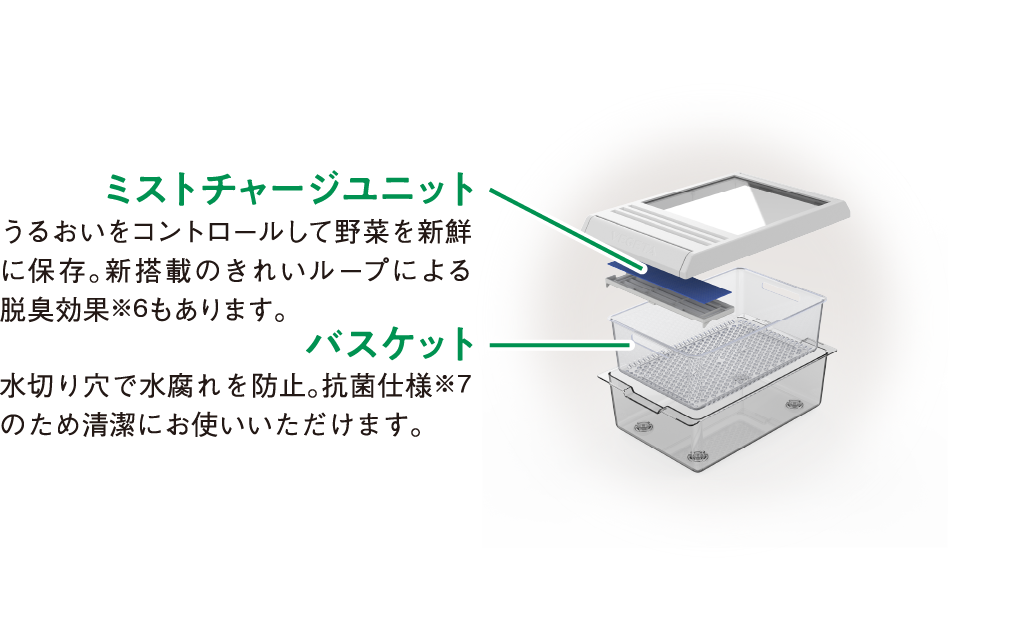 ミストチャージユニットはうるおいをコントロールして野菜を新鮮に保存。新搭載のきれいループによる脱臭効果※6もあります。 バスケットは水切り穴で水腐れを防止。抗菌仕様※7のため清潔にお使いいただけます。
