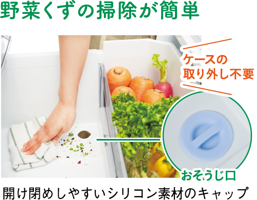 野菜くずの掃除が簡単 ケースの取り外し不要 おそうじ口は開け閉めしやすいシリコン素材のキャップ