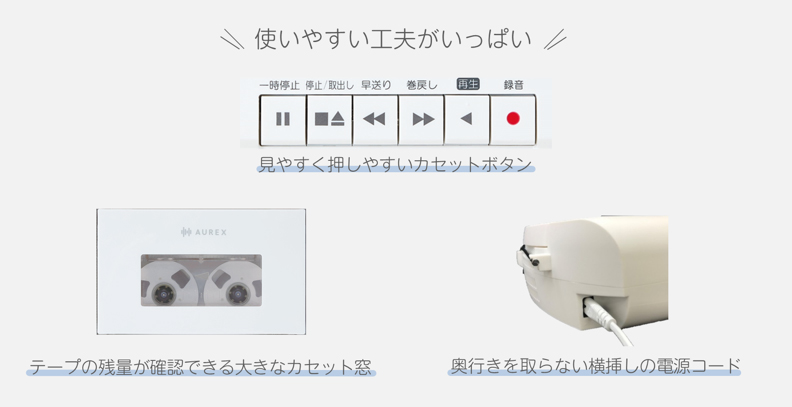 使いやすい工夫がいっぱい 見やすく押しやすいカセットボタン テープの残量が確認できる大きなカセット窓 奥行きを取らない横挿しの電源コード