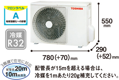 室外機 高さ550mm×幅780(＋70)mm×奥行290(＋52)mm