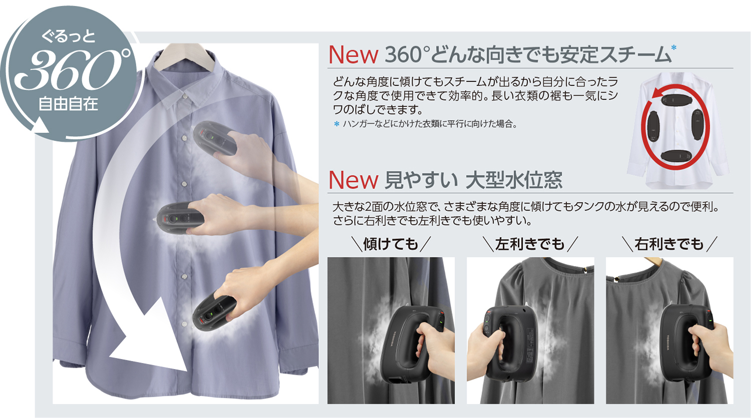東芝衣類スチーマー　スチーム噴射範囲360°　持ちかえなし