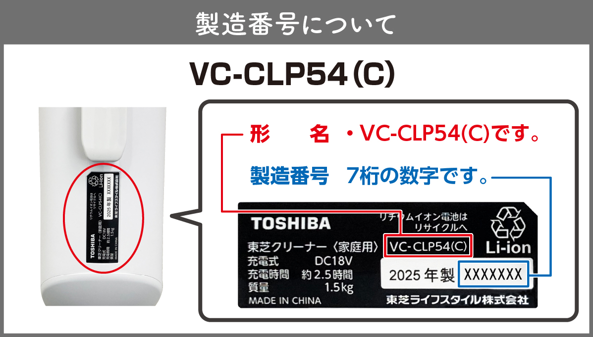 製造番号について 形名はVC-CLP54です。商品貼付の製品番号をご確認ください。