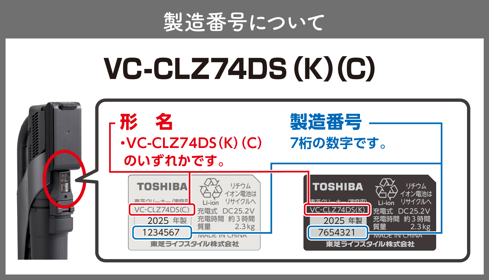 製造番号について 形名はVC-CLZ74DSです。商品貼付の製品番号をご確認ください。