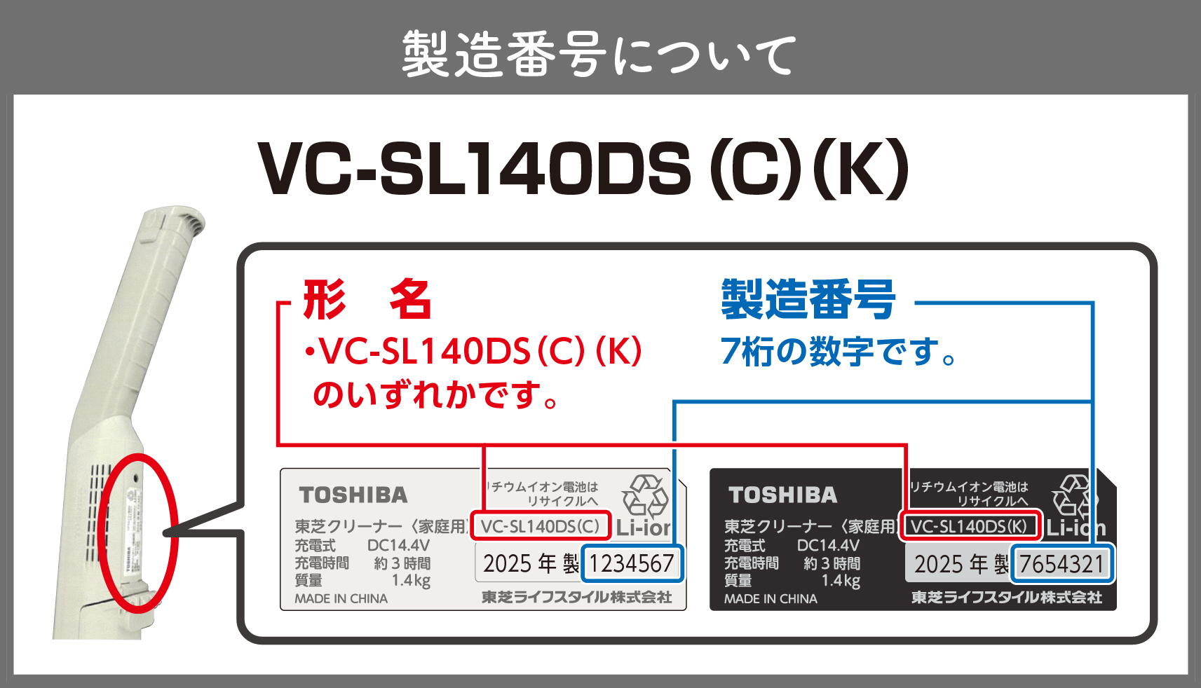 製造番号について 形名はVC-SL140DSです。商品貼付の製品番号をご確認ください。