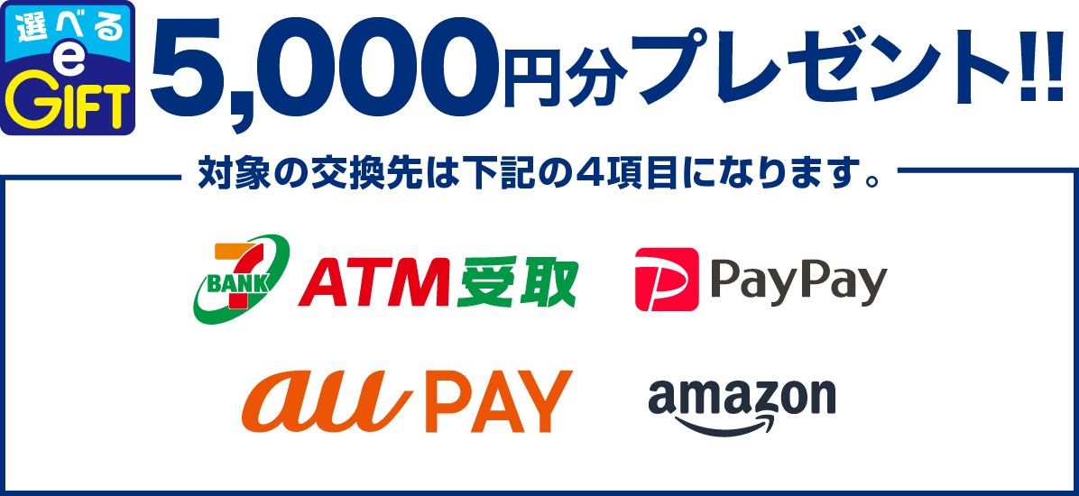 選べるe-GIFTを5,000円分プレゼント 対象の交換先は次の4項目になります。amazon gift card・PayPay・au PAY・セブン銀行ATM受取