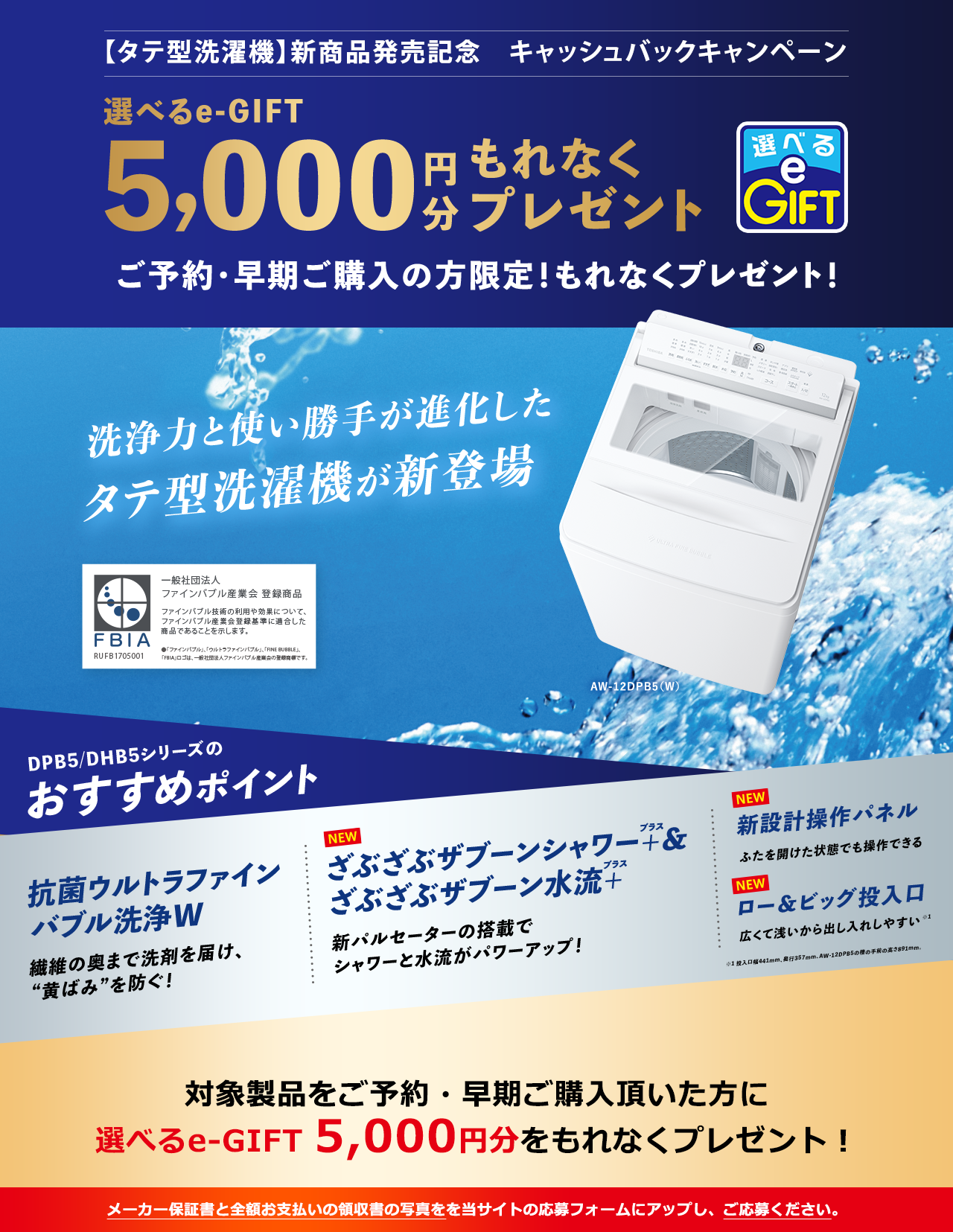 【タテ型洗濯機】新商品発売記念キャッシュバックキャンペーン　選べるe-GIFT5,000円分もれなくプレゼント