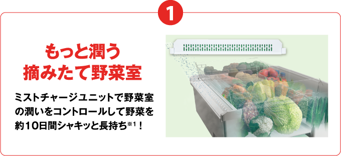 1 もっと潤う摘みたて野菜室 ミストチャージユニットで野菜室の潤いをコントロールして野菜を約10日間シャキッと長持ち※1！