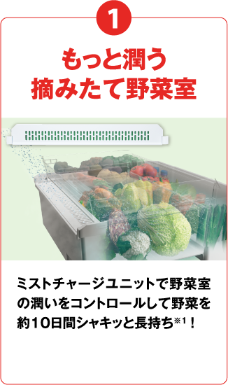 1 もっと潤う摘みたて野菜室 ミストチャージユニットで野菜室の潤いをコントロールして野菜を約10日間シャキッと長持ち※1！
