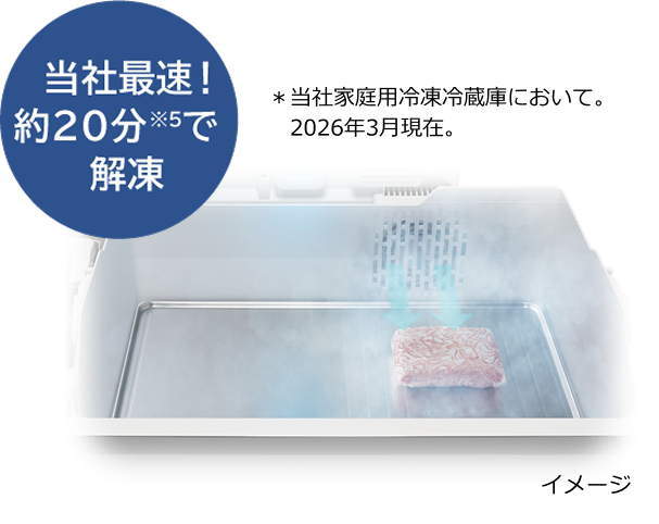 当社最速！約20分※5で解凍＊当社家庭用冷凍冷蔵庫において。2026年3月現在。 イメージ