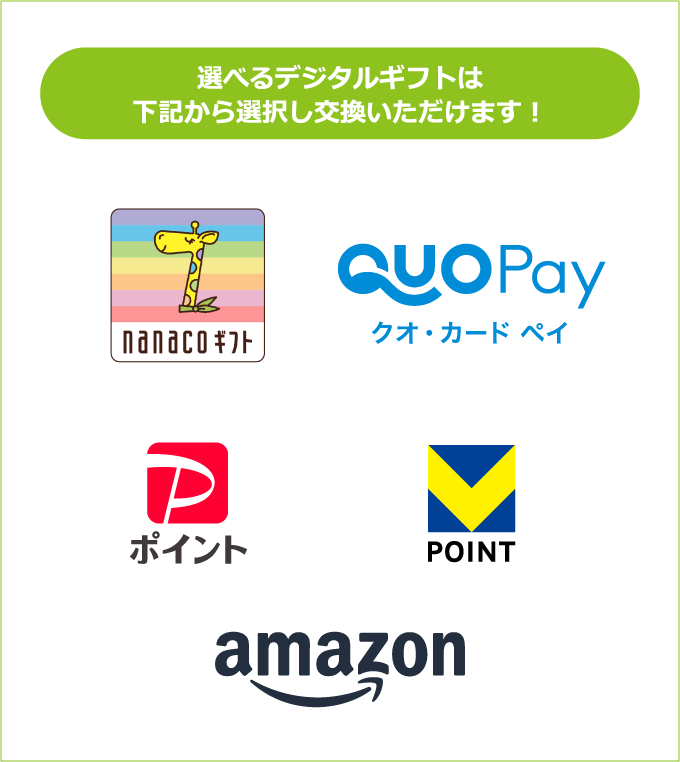 選べるデジタルギフトは下記から選択し交換いただけます! nanacoギフト QUOPayクオ・カード PayPayポイント VPOINT amazon