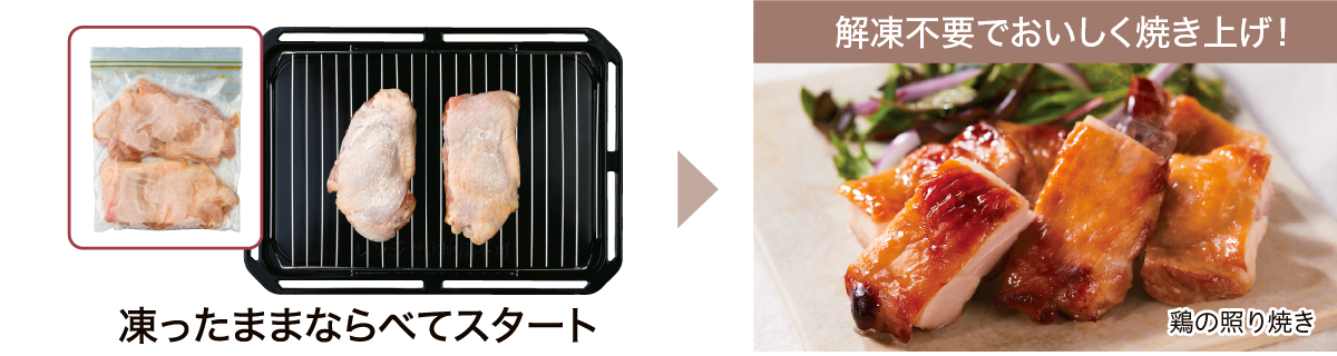 鶏の照り焼きの画像。凍ったままならべてスタート　解凍不要でおいしく焼き上げ！