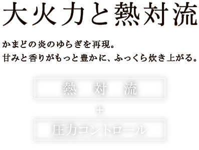 大火力と熱対流 かまどの炎のゆらぎを再現。甘みと香りがもっと豊かに、ふっくら炊き上がる。