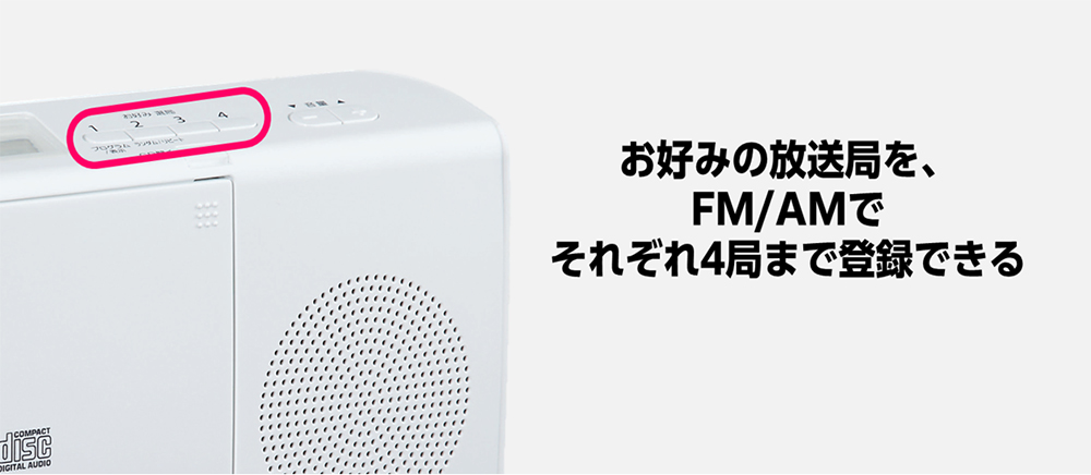 お好みの放送局を、FM/AMでそれぞれ4局まで登録できる