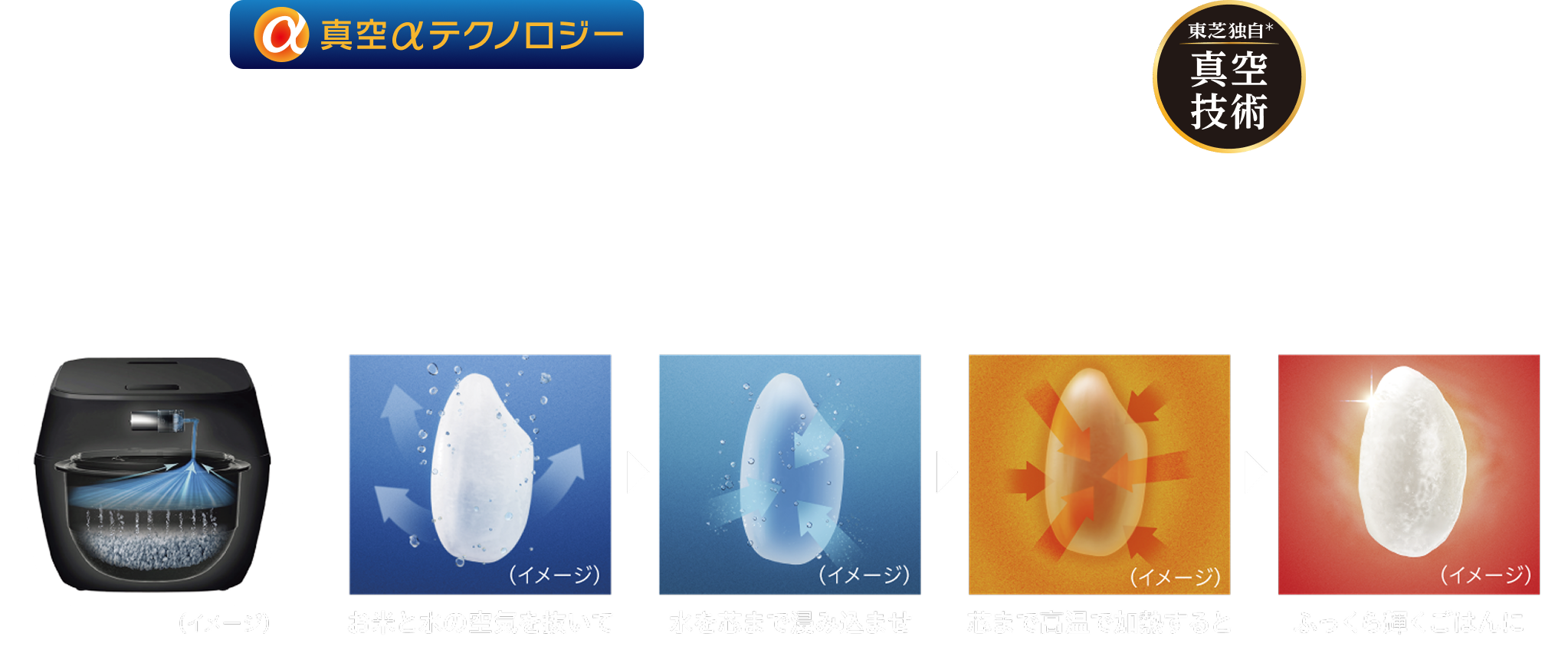 真空αテクノロジー。東芝独自＊ 真空技術。お米と水の空気を抜いて、水を芯まで浸み込ませ、芯まで高温で加熱すると、ふっくら輝くごはんに。