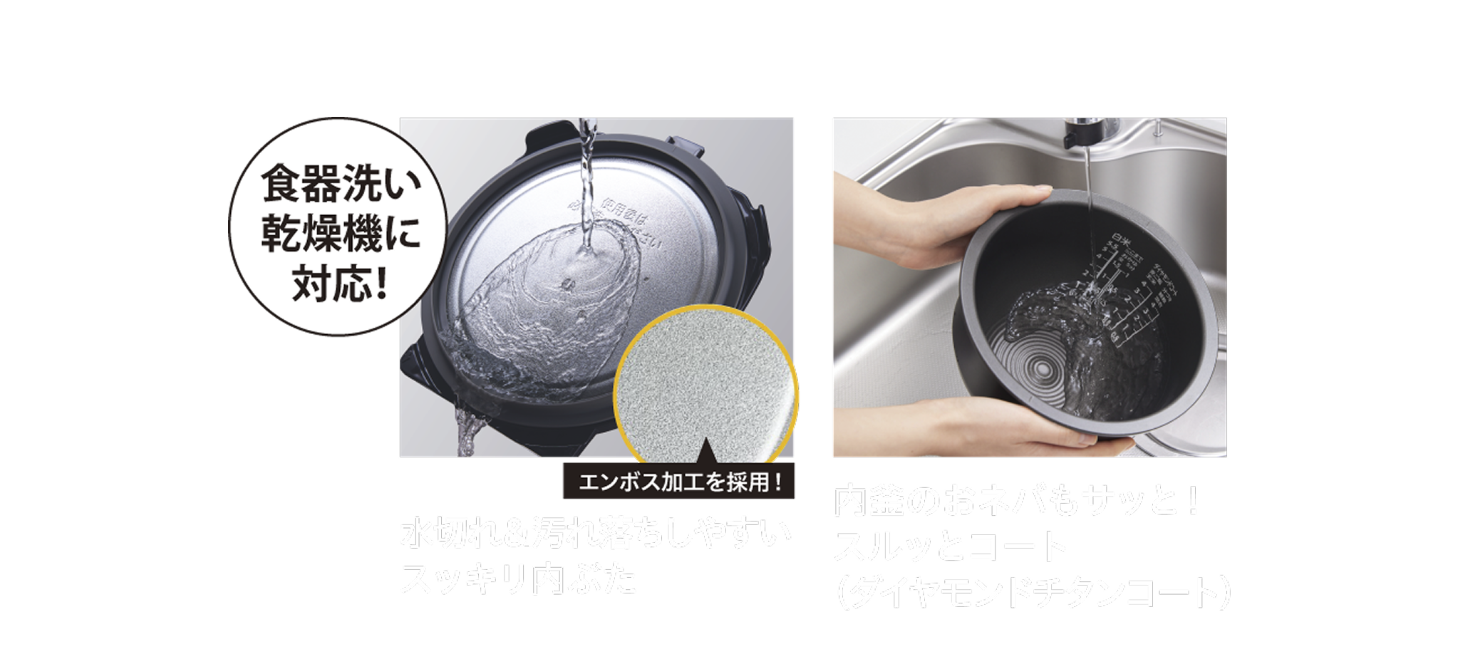 食器洗い乾燥機に対応！エンボス加工を採用！水切れ＆汚れ落ちしやすいスッキリ内ぶた。内釜のおネバもサッと！スルッとコート（ダイヤモンドチタンコート）。