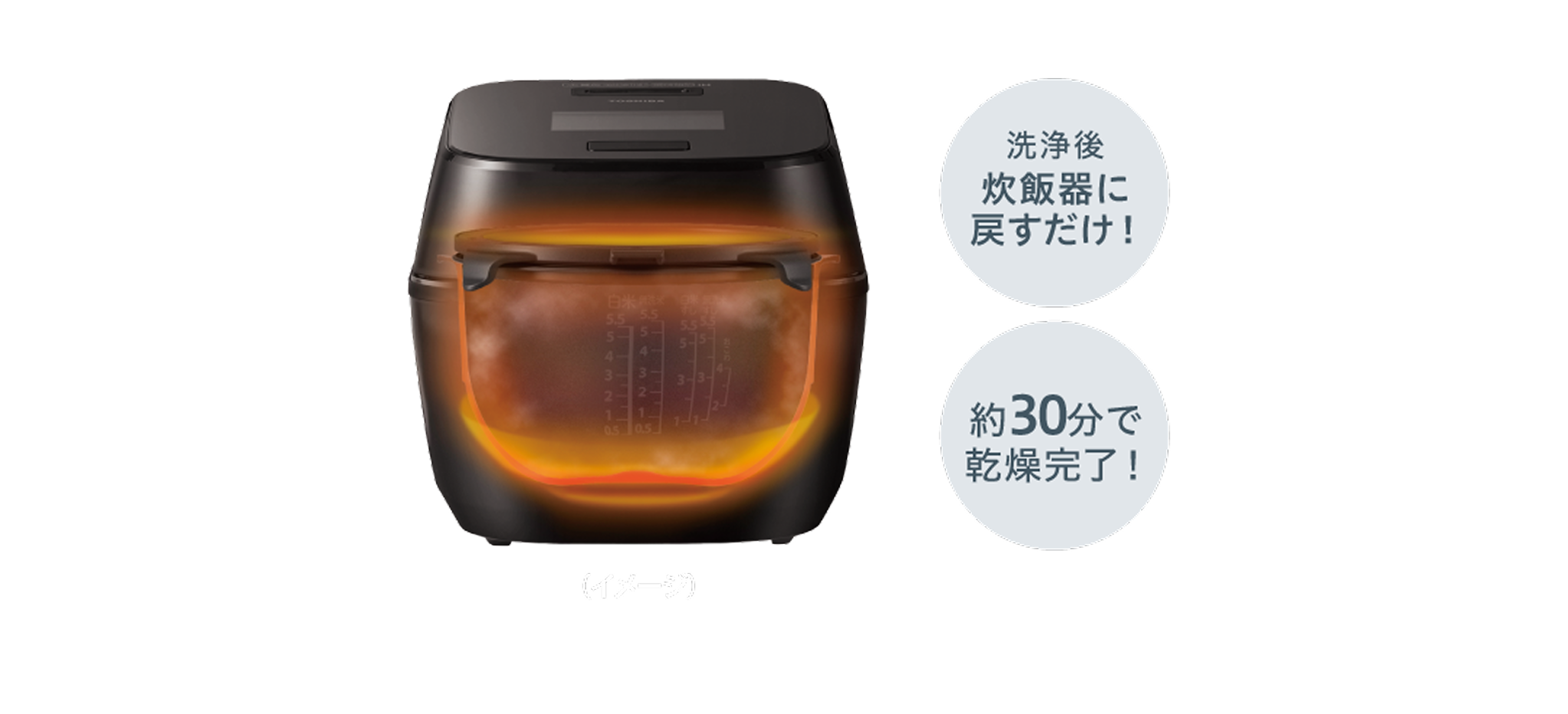 洗浄後炊飯器に戻すだけ！約30分で乾燥完了！