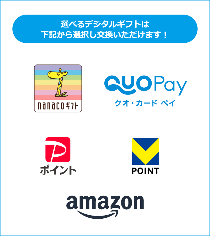 選べるデジタルギフトは下記から選択し交換いただけます! nanacoギフト QUOカードPay PayPayポイント VPOINT Amazonギフト