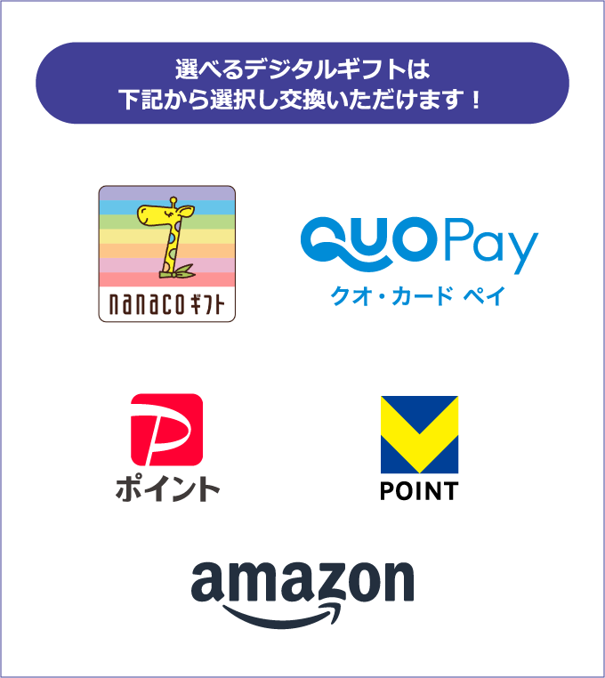 選べるデジタルギフトは下記から選択し交換いただけます! nanacoギフト QUOPayクオ・カード ペイ PayPayポイント VPOINT Amazonギフトカード